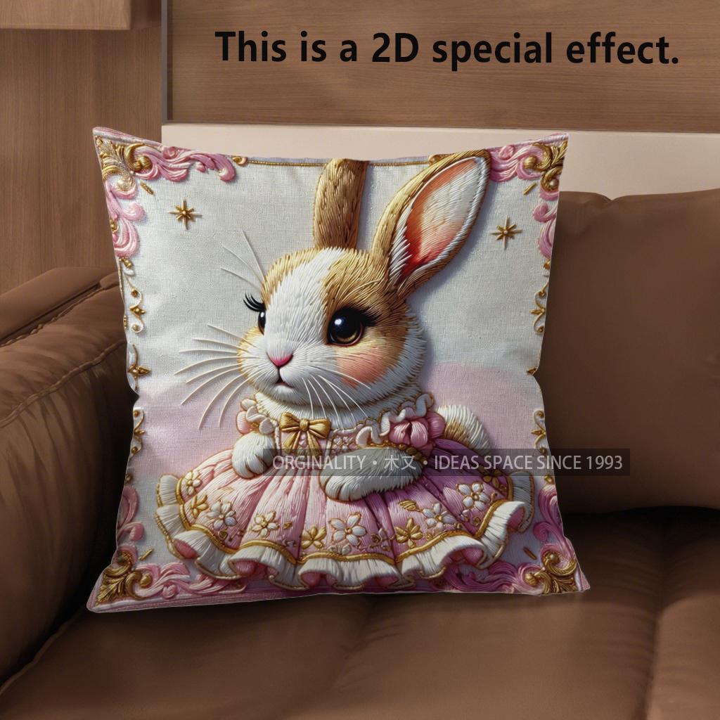 2D Cute Bunny Dressed In Floral Dress Cushion Covers Pattern Cushion Cover Suitable For Sofa Bedroom Car Pillow Cover