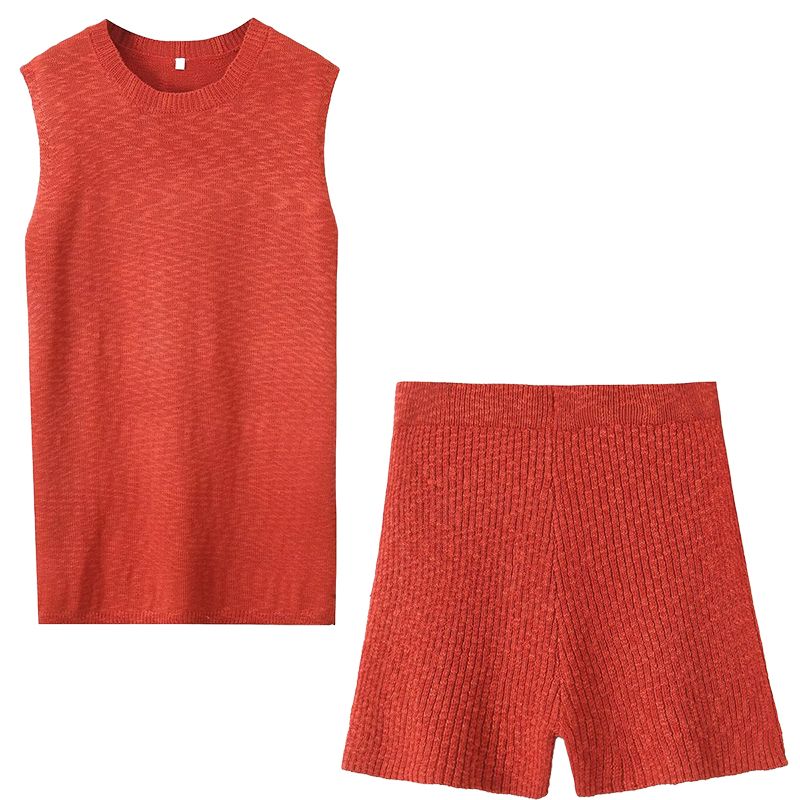 

Free People Lazy Plaid Vacation Style Slit Knitted Sleeveless Vest + Shorts Casual Sexy Two-piece Set Brick Red L