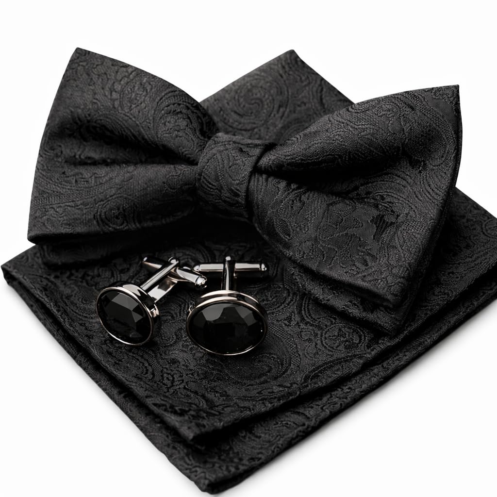 

[FALIKA] Bow Tie, Pocket Square, and Cufflinks 3-Piece Set, Black Paisley, for Weddings, Receptions, Parties, and Formal Occasions (Black)