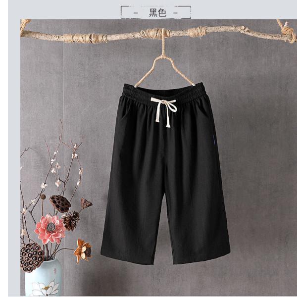 Women Cotton Linen Capri Pants Elastic Drawstring Waist Cropped Wide Leg Trousers Summer Loose Casual Seven Length Pants