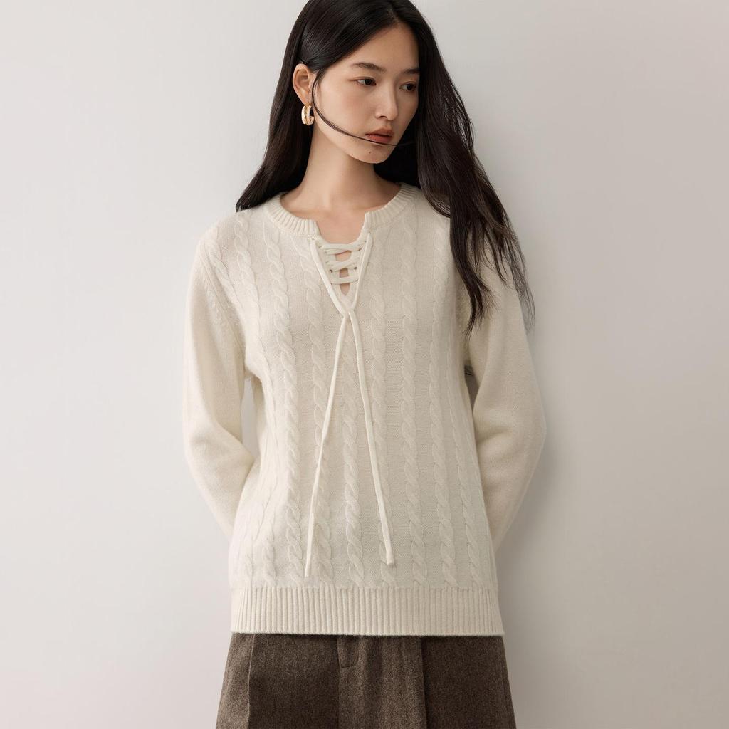Lekasha Women's Cashmere Cable Knit Base Layer - Autumn/Winter, Seven-Gauge, Lace-Up, Loose Fit, Thick Round Neck.