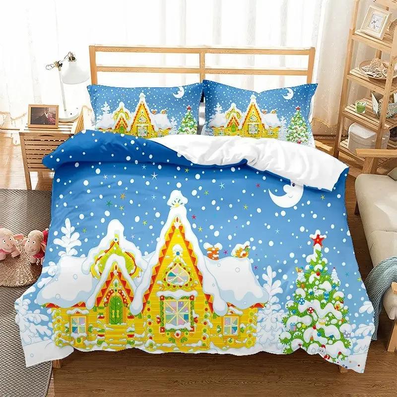 Comforter Christmas Snowflake Full Size Bedding Set Print Colorful Merry Christmas Gift Tree Microfiber Fabric 2/3Pcs Kids