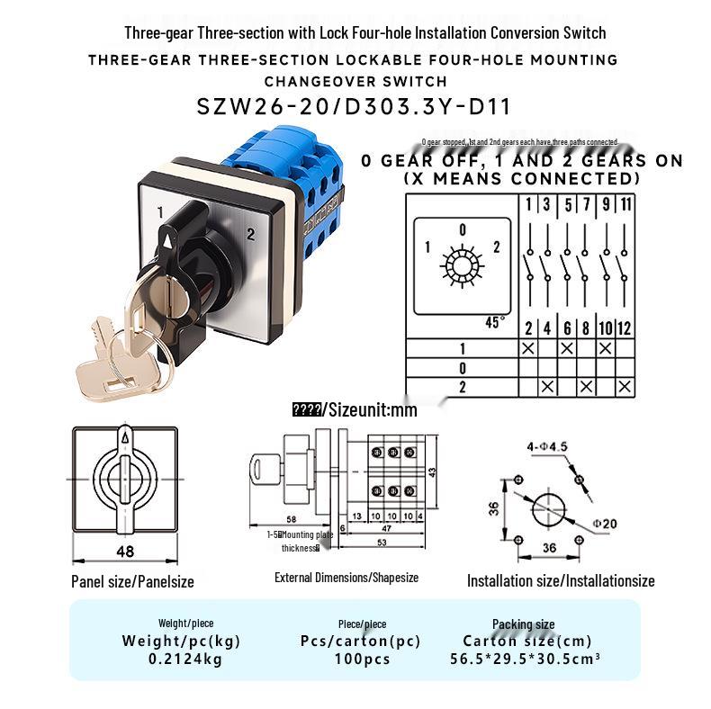 Zhuochao SZW26-20/D303.3Y-D11 Lockable 4-Hole Universal Changeover Switch