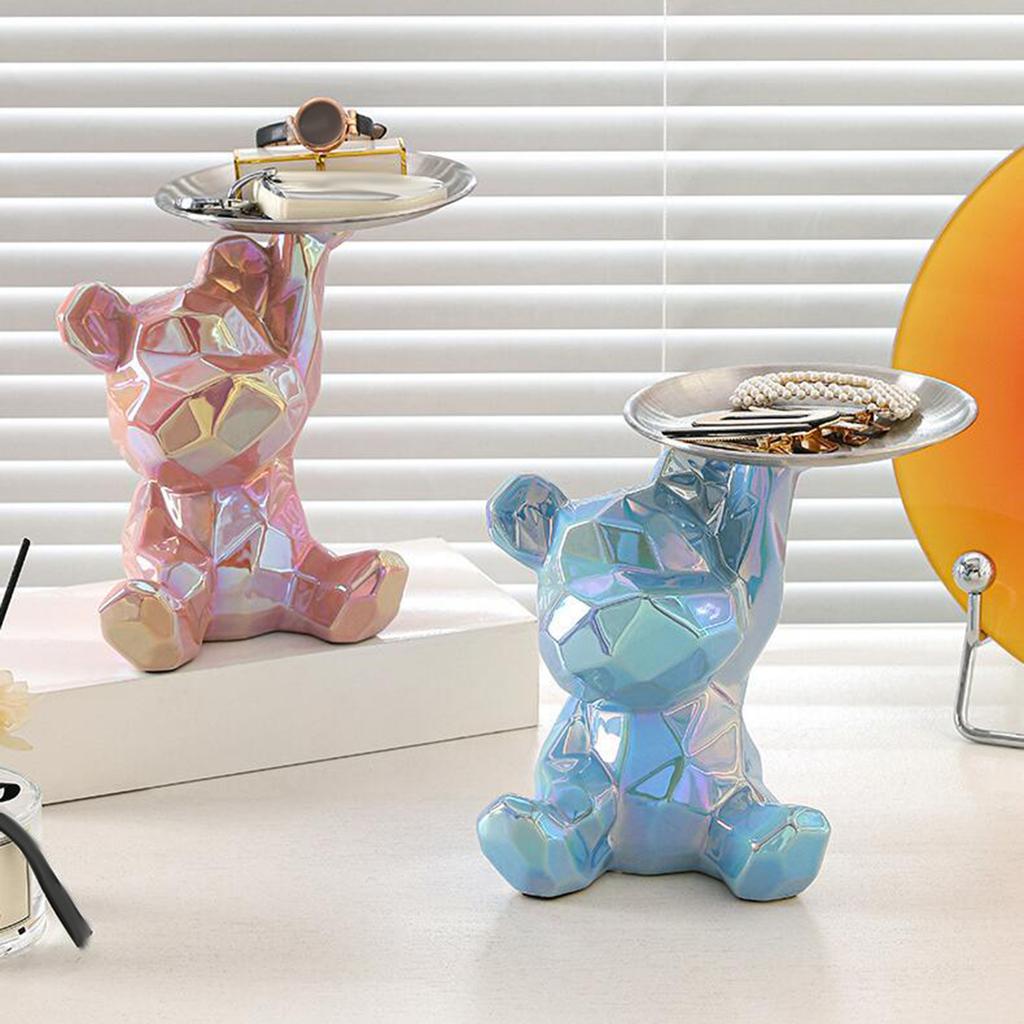 Creative Resin Bear Figurine Cute Statue Home Decoration Desktop Storage Tray Rack for Coins Snack Phone Entrance Office