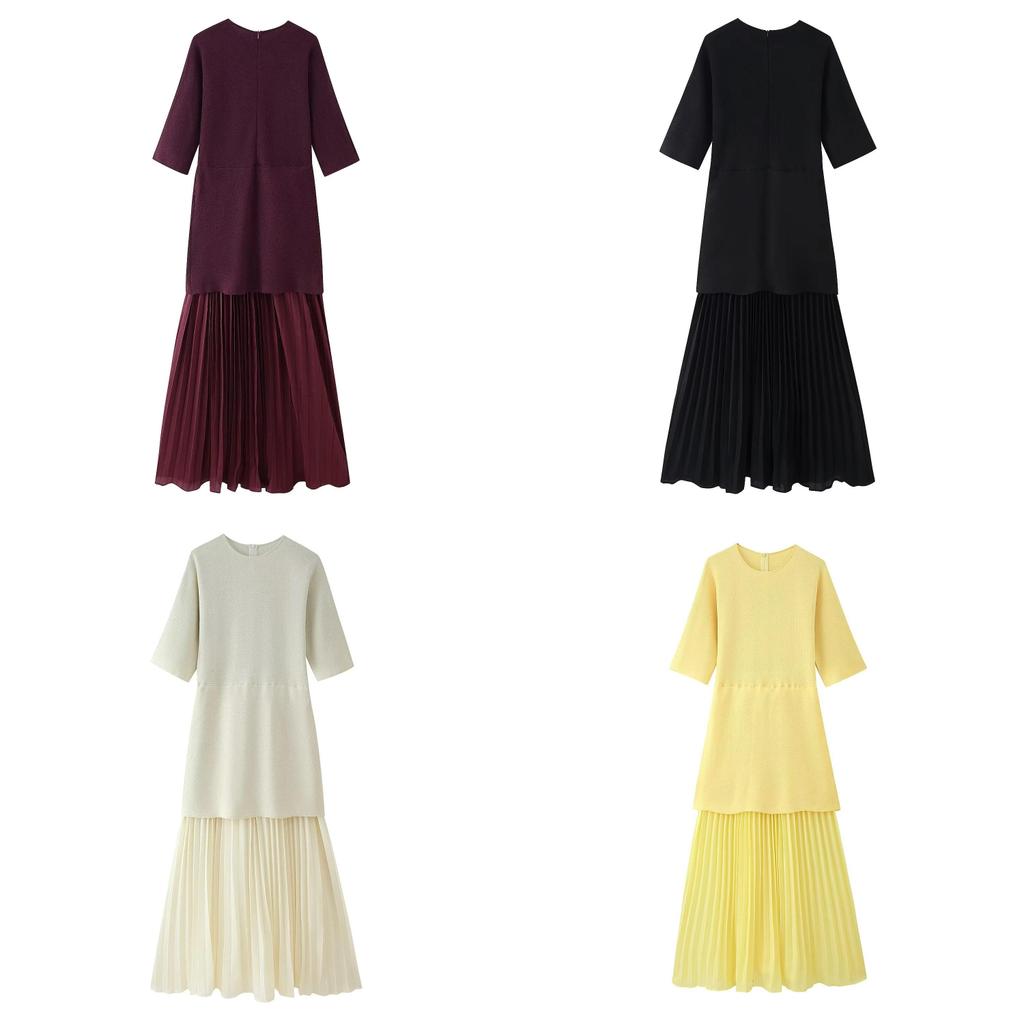 Elegant Polyester Spliced Short Sleeve Dress For Women With Round Neck For Spring