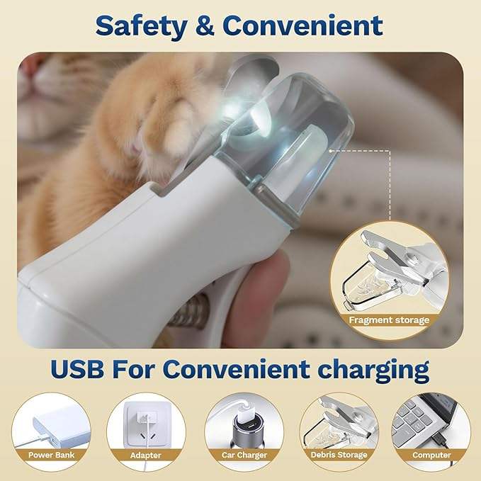 2-in-1 Dog & Cat Stainless Steel & ABS Nail Clippers Trimmers with Quick Sensor Safety Guard USB Rechargeable LED Light