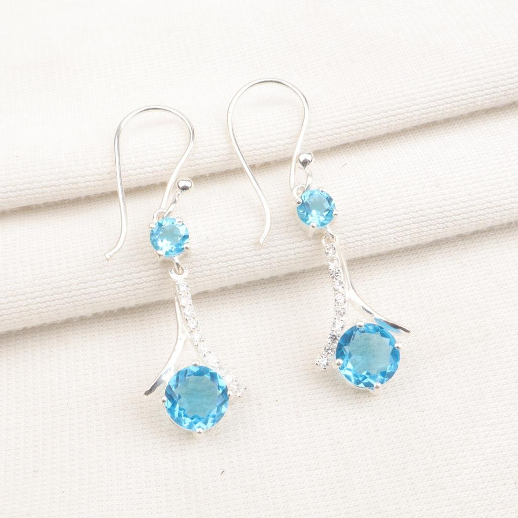 Swiss Blue Topaz Gemstone 925 Stamped Silver Jewelry Zircon Long Earrings 1.84" CZE-9-6