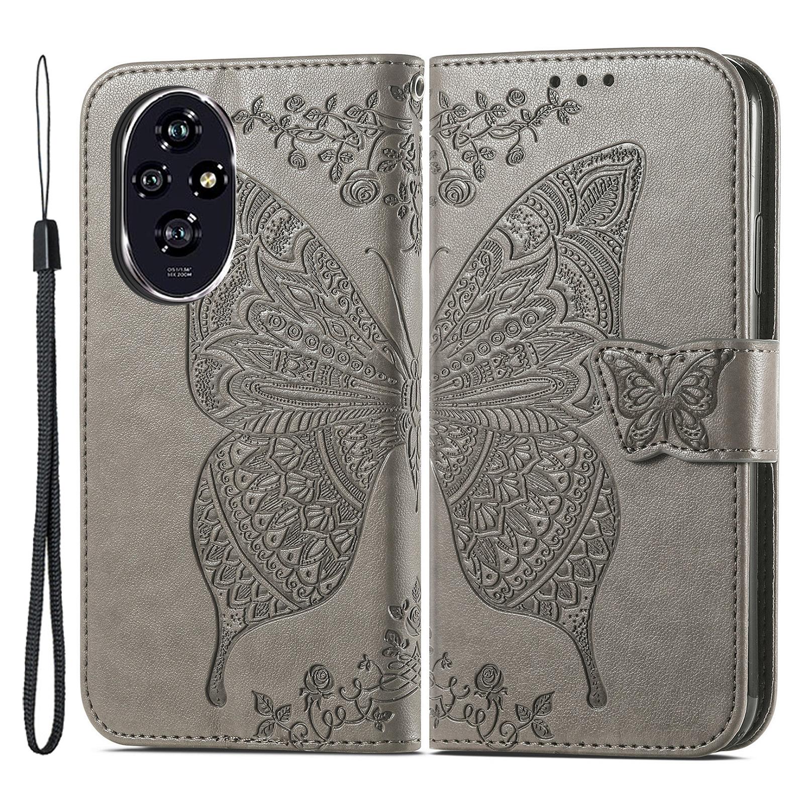 

For Honor 200 5G Case Butterfly PU Leather Phone Cover Card Slots Stand Flip Grey