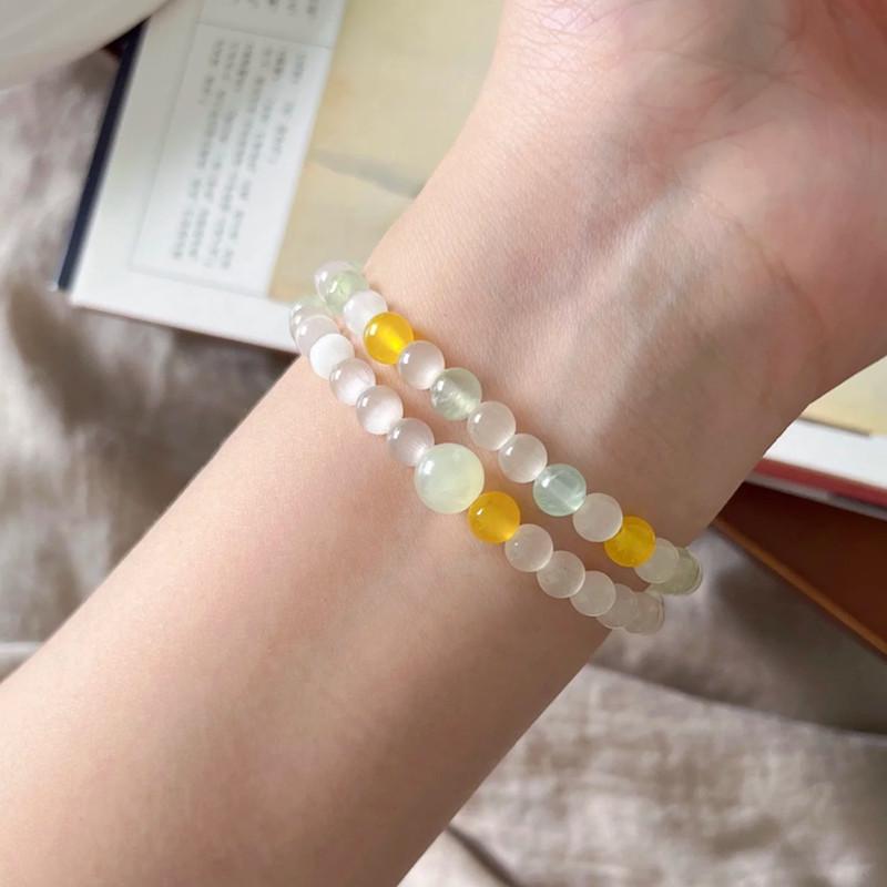 

Women s Prehnite Bracelet with White Cat s Eye Stone & Yellow Agate - Simple, Versatile National Style Crystal Jewelry