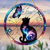 Galaxy Cat & Butterfly Sun Catcher. Painted glass decor for garden, office, room. Ideal gift.