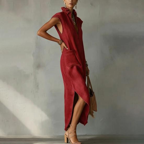 Women Stand Collar Sleeveless Dress Deep V Neck Side Slit Tunic Dress Casual Vacation Long Dress with Pockets
