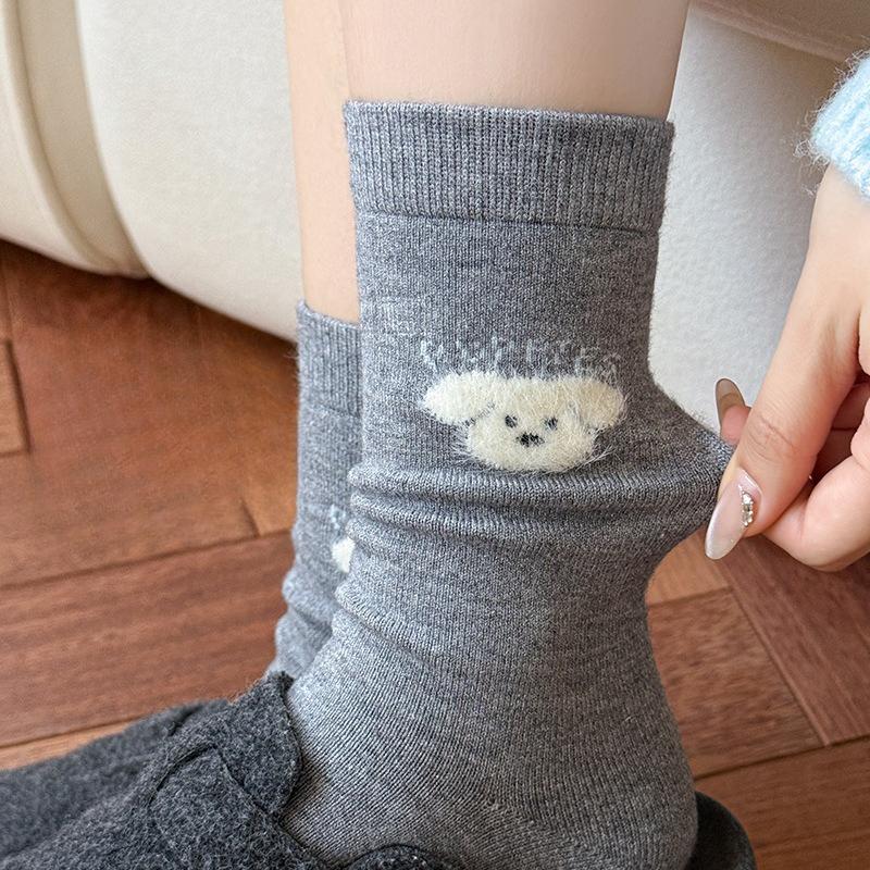 Socks, Autumn and Winter Socks, Boneless Socks, Women's Warm Wool Socks, Cute Polka Dot Striped Puppy Mid-calf Socks, Versatile Women's Socks