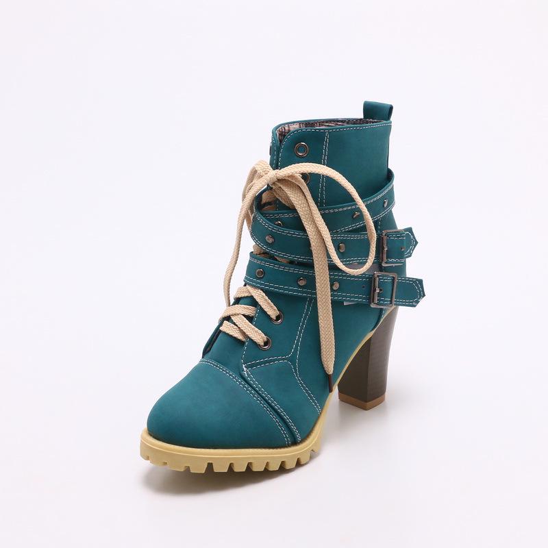 

Женские ботинки большого размера на шнуровке спереди, с пряжкой-ремнем, короткие ботинки, ботинки на высоком каблуке с заклепками, долгосрочная поставка 43 (non-return) синий