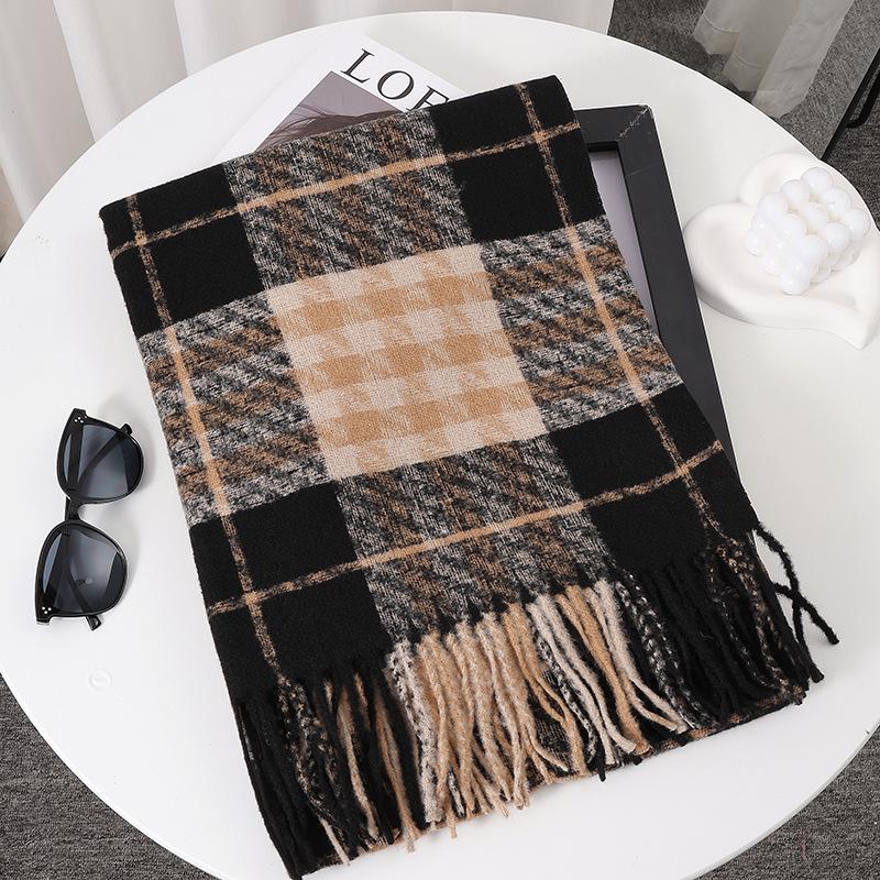 Women's Faux Cashmere Plaid Scarf - Korean Style, Thick & Warm Autumn/Winter Shawl