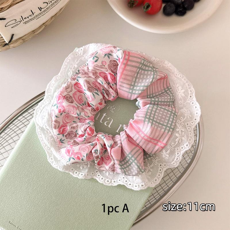 1pc Sweet Lace Floral Pink Checkered Large Intestine Hair Ring,back of Head Tied Hair Rope Ponytail Head Rope Versatile Hair Tie