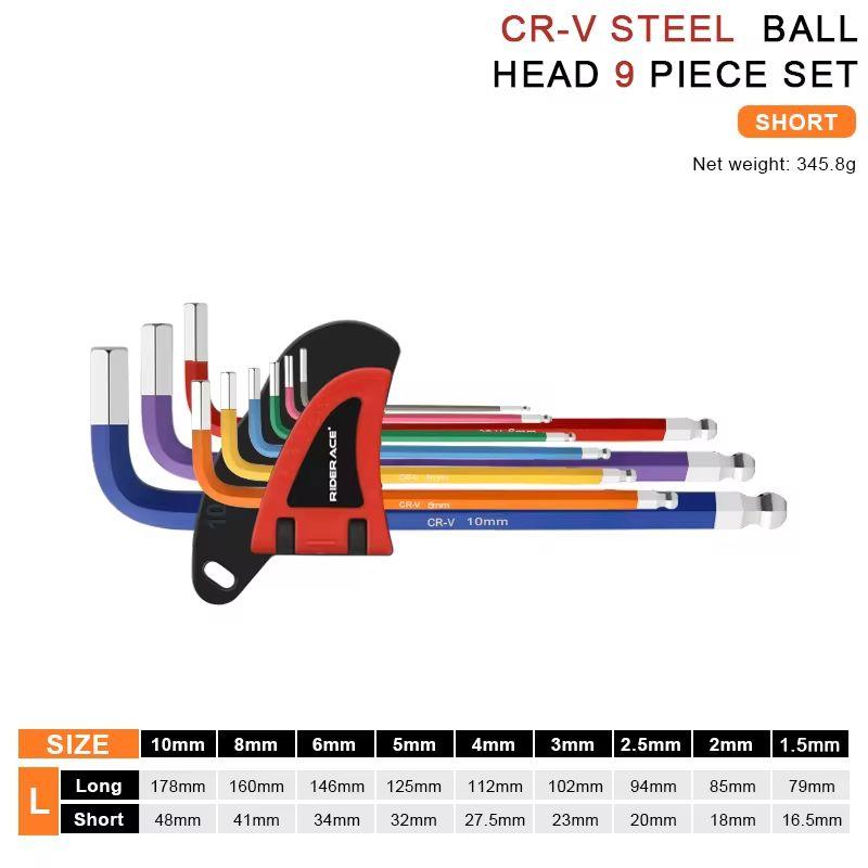 RIDERACE Bicycle Hex Key Set S2 CR-V Steel Service Wrench Colorful Hexagon Spanner Flat Ball Opening MTB Bike Repair Tool Kit