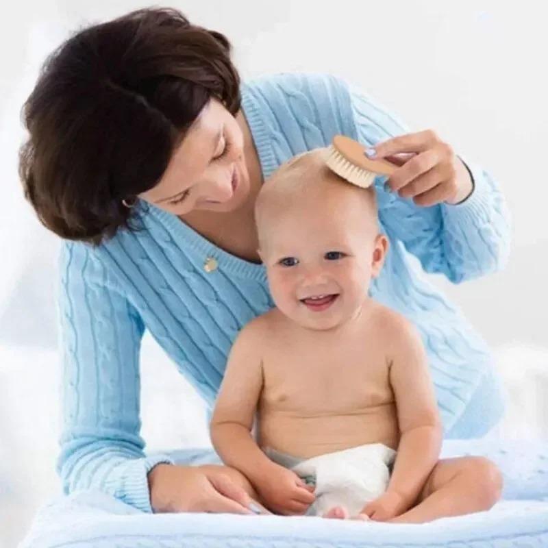 2PCS Newborn Wool Baby Wooden Brush Comb Newborn Hair Brush Infant Head Massage Portable Comb Hair Bath Brush Comb Nursing tools