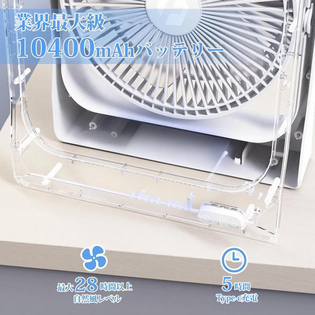 10400mAh Large Capacity Quiet Desktop New USB Rechargeable Fan with Super Strong Large and Suitable for and Adjustable 4 Airflow Heatstroke White &