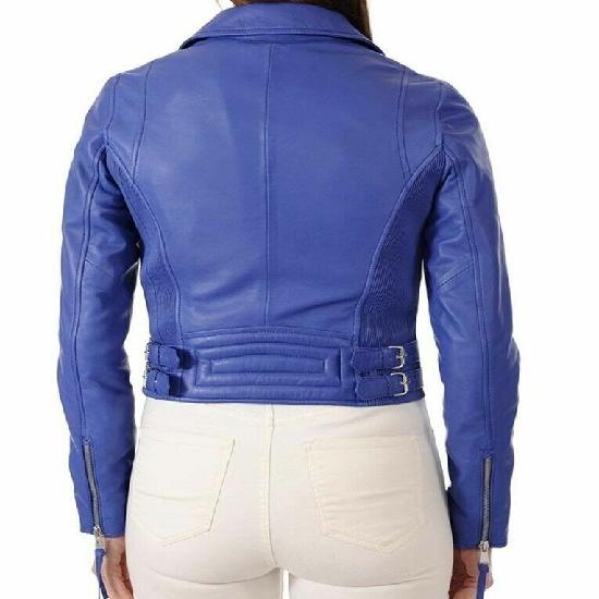 NOORA Womens Lambskin Stylish Blue Leather Jacket With Zipper & Pocket | Party Wear Blue Leather Jacket  | Slim Fit Jacket |