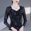 2025 Spring/Autumn Rose Print Square Neck Mesh Blouse - Long Sleeve Women's Fashion Top