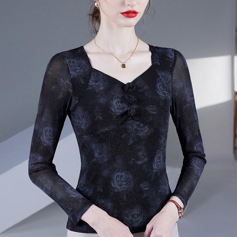 2025 Spring/Autumn Rose Print Square Neck Mesh Blouse - Long Sleeve Women's Fashion Top