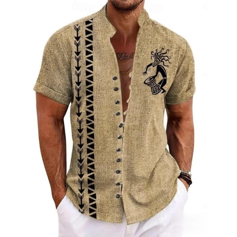Men Ethnic Front Print Stand Collar Short Sleeve Loose Casual Linen Shirt