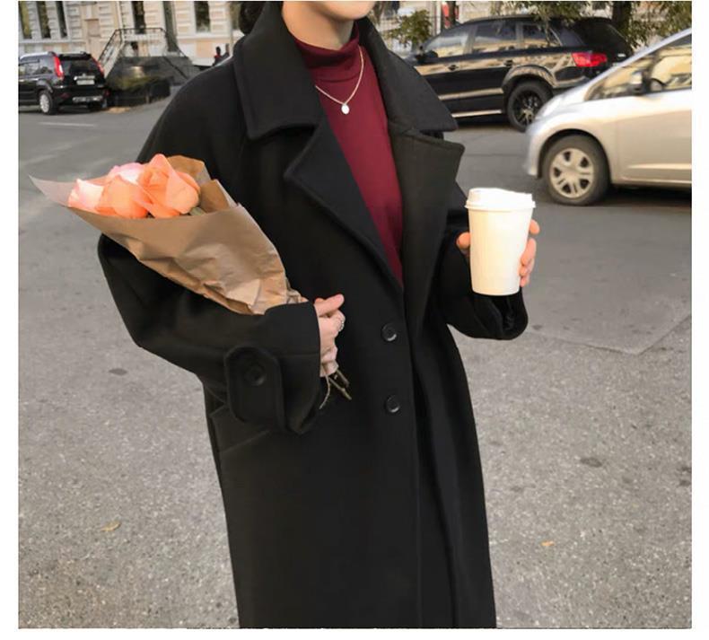 Dámský vlněný kabát černé barvy střední délky nad koleno, Hepburn styl, korejský styl, volný střih, styl Mori, připravený na zimu.