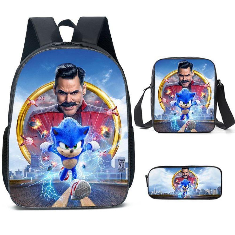 Sonic Elementary School Student Backpack 3-Piece Set Anime Cartoon Backpack Shoulder Bag Pen Bag