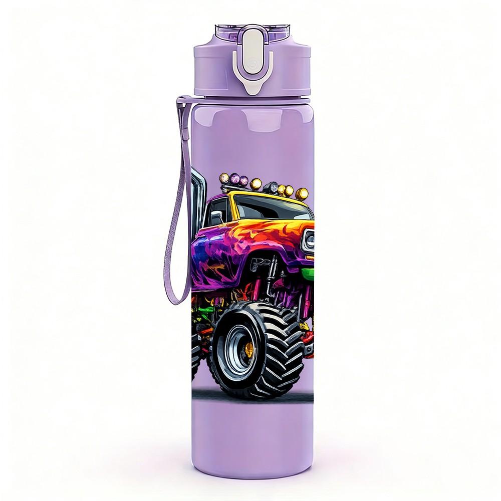 1PC Purple Fire Monster Truck Print 750ml Color Plastic Sports Water Bottle Leakproof Flip Straw Lid Suitable for Sports Office Home Use
