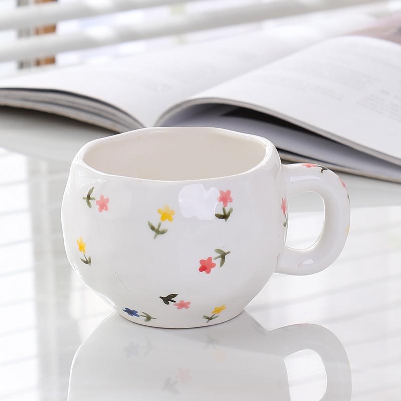 High Value Relief Flower Coffee Cup Saucer Afternoon Tea Floral Striped Mug Latte Cup Hand Painted Water Cup