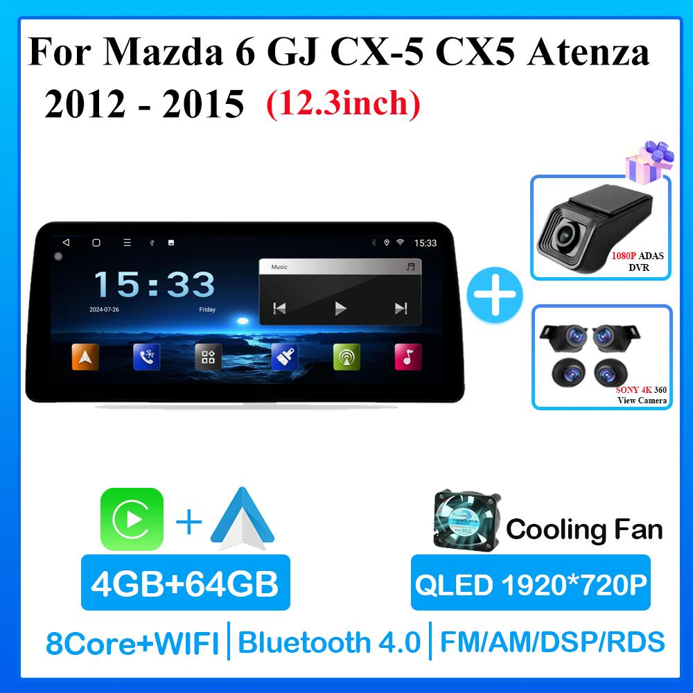 12.3 Inch Android 14 Car Radio For Mazda 6 GJ CX-5 CX5 Atenza 2012 2013 2014 2015 GPS Navigation Multimedia Player Auto Carplay