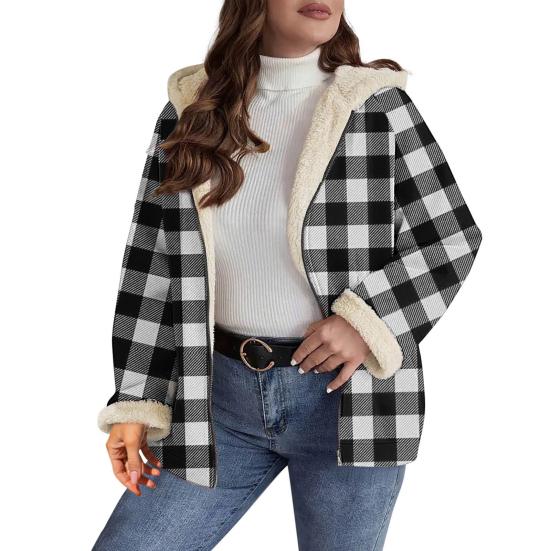 Women's Sherpa Plaid Shacket Long Sleeve Fleece Lined Jacket Oversized Warm Zip Up Hooded Coat Winter Outerwear