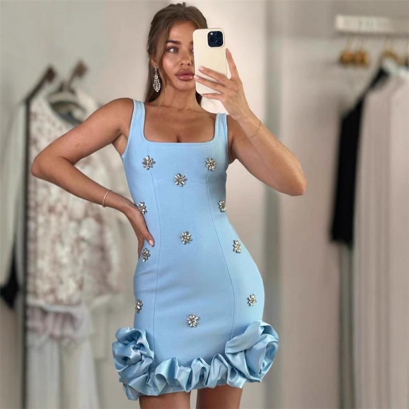 New sexy sling spike diamond hip skirt bandage dress ruffled evening dress short skirt women's clothing