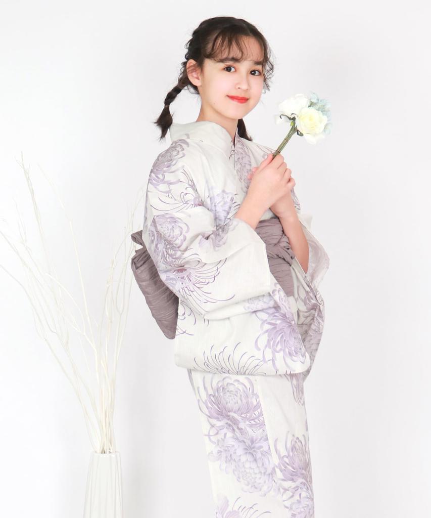 Yukata Set for Change 3 Piece Set Heiko Junior Girls H Purple Chrysanthemum [KYOETSU] Girls, Ecru, Weave, (Yukata, Obi, Geta) (2. Haze, 130cm)