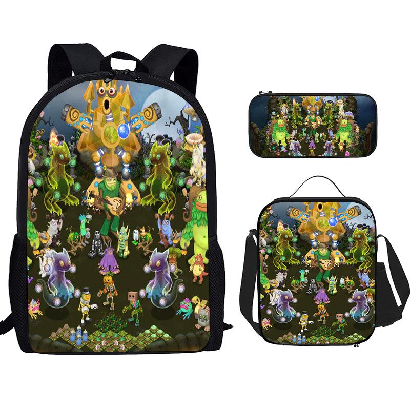 Monster Singer Elementary School Bag Three-Piece Nylon Printed Backpack Breathable Backpack Lightweight