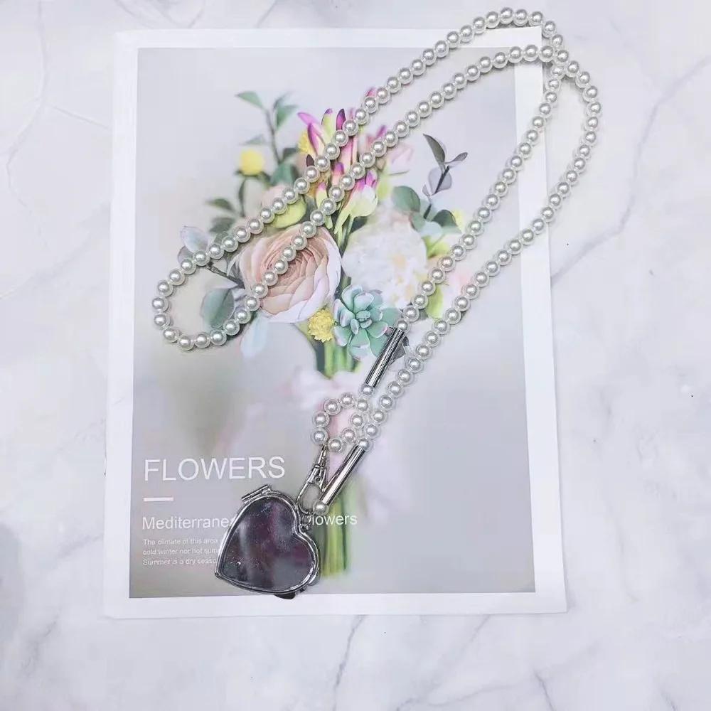 Fashion Long Necklace with Big Mirror Heart Pendant Women Imitation Pearl Shoudler Chain Personality Jewelry Wedding Accessories