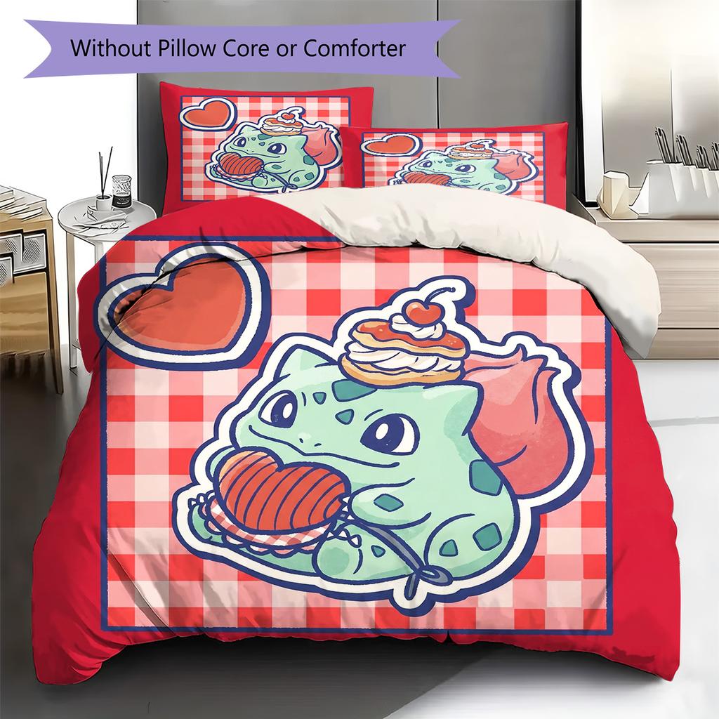 Bulbasaur Pattern Bedding Quilt Set Quilt Cover Pillowcase Home Decoration Birthday Gift (1 * duvet cover + 2 * pillowcase, without core)