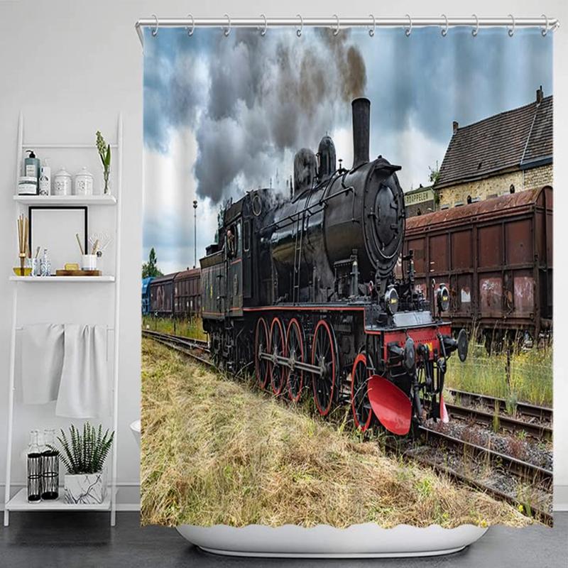 Vintage Industrial Steam Engine Shower Curtain Antique Old Times Locomotive On Rail Road Retrotrain Station Bathroom Curtain