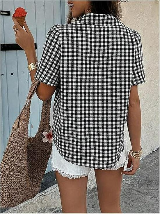 2026 Spring/Summer Women's Retro Plaid Loose Short-Sleeve Lapel Shirt