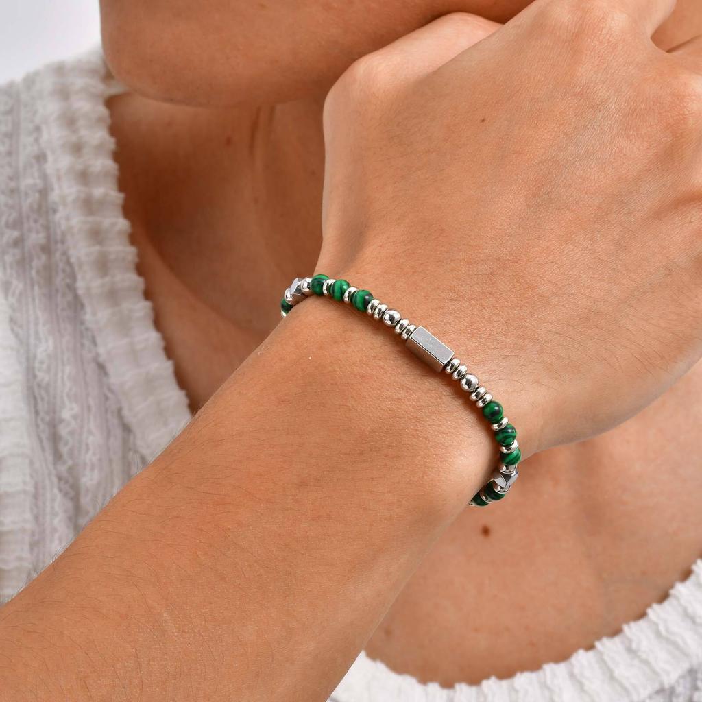 Crystal Wheel Beaded Bracelet for Men Boys,Stainless Steel Tube Natural Stone Wristband,Stylish Bohemian Jewelry Gift