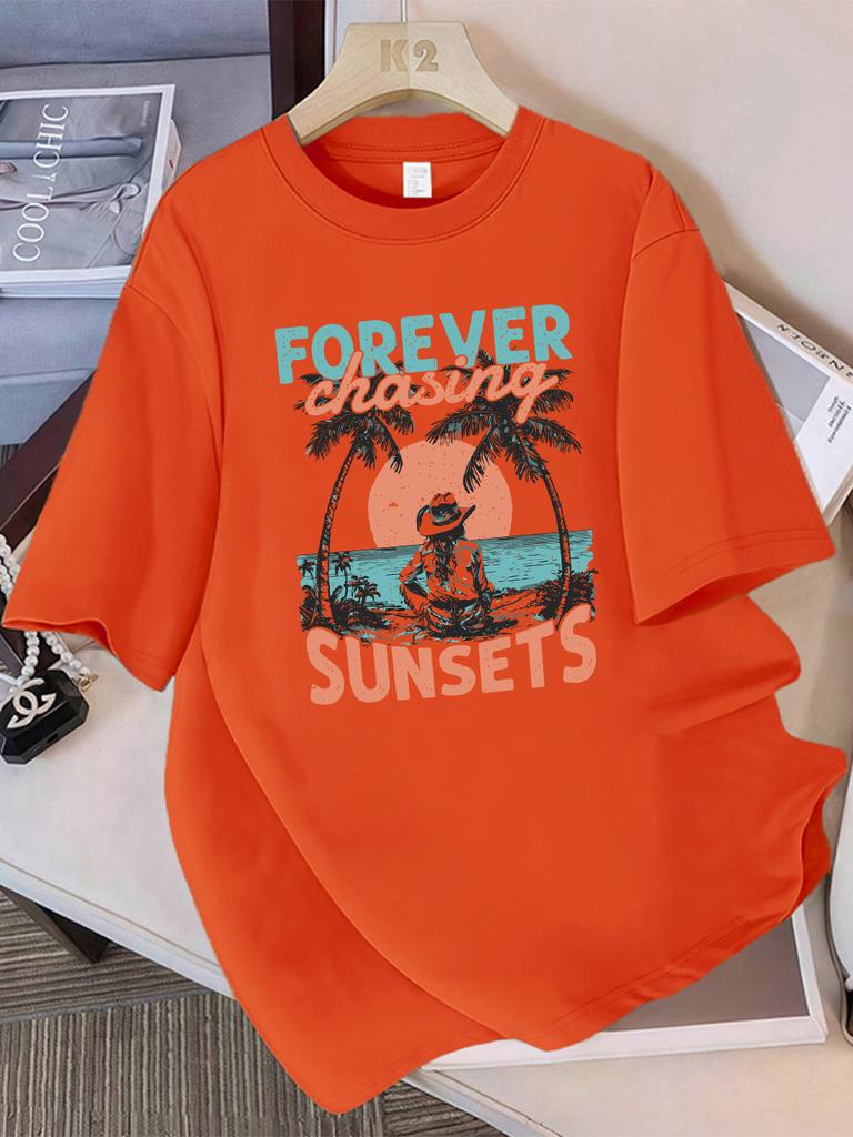 Summer T-Shirts Cotton Womens Forever Chasing Sunsets Cowgirl Printing Short Sleeve Comfortable Soft O-Neck Tops Basic Clothes
