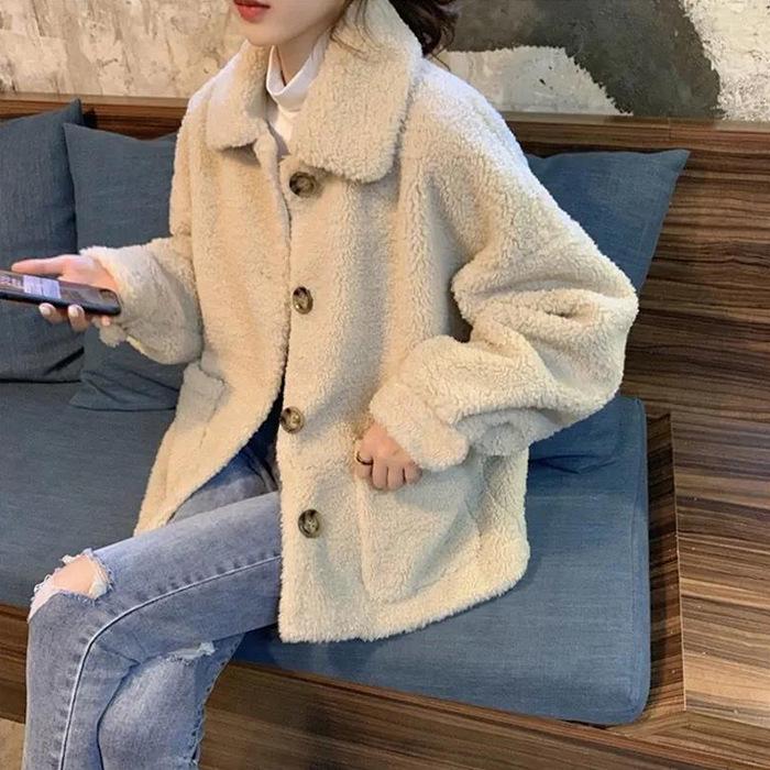 Petite Women's Casual Lambswool-Style Coat - Autumn/Winter Warmth, Loose Fit