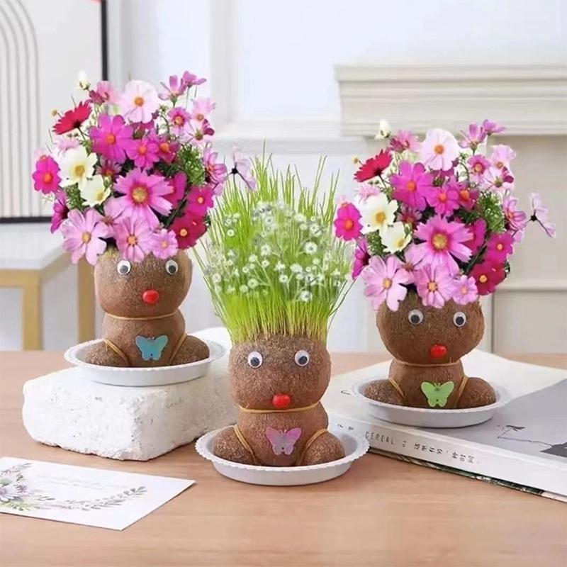 Room Decor Mini Grass Head Doll Small Potted Plant Watering Green Plants Beautiful Children Gifts Indoor Balcony Pot Planters