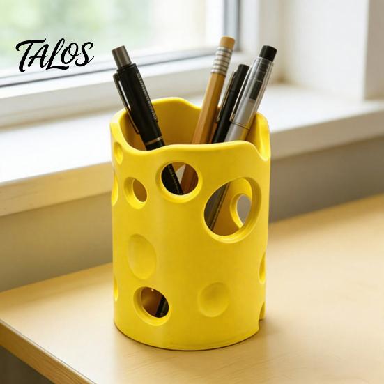 Talos 3D Printed Cheese Pen Holder, Large Capacity Desktop Organizer with Smooth Edges And Removable Dividers, Stationery Storage Box for Pens Pencils