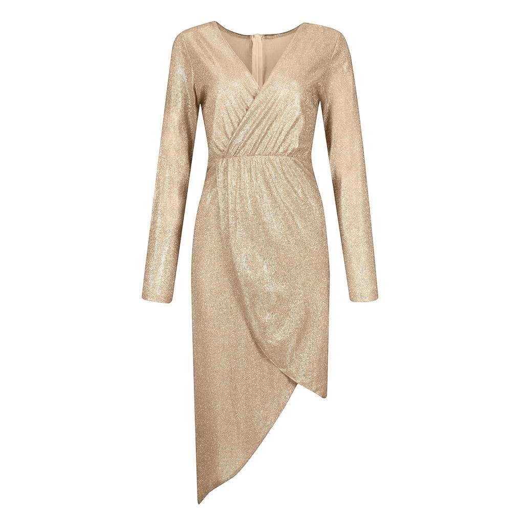 Modisches lässiges Damenkleid mit Goldfolienprägung, langärmeliges V-Ausschnitt-Kleid