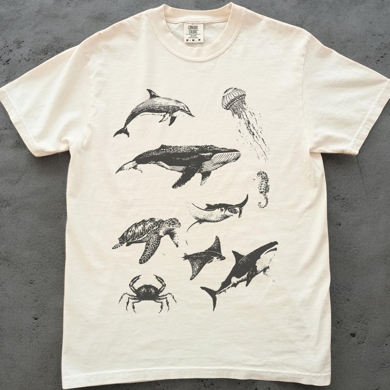 Sea Creatures Shirt, Ocean Animals Comfort Colors Tee, Marine Biology Gift, Beach Lover Shirt, Whale Turtle Shark Tee, Whale Shirt, Unisex 2XL