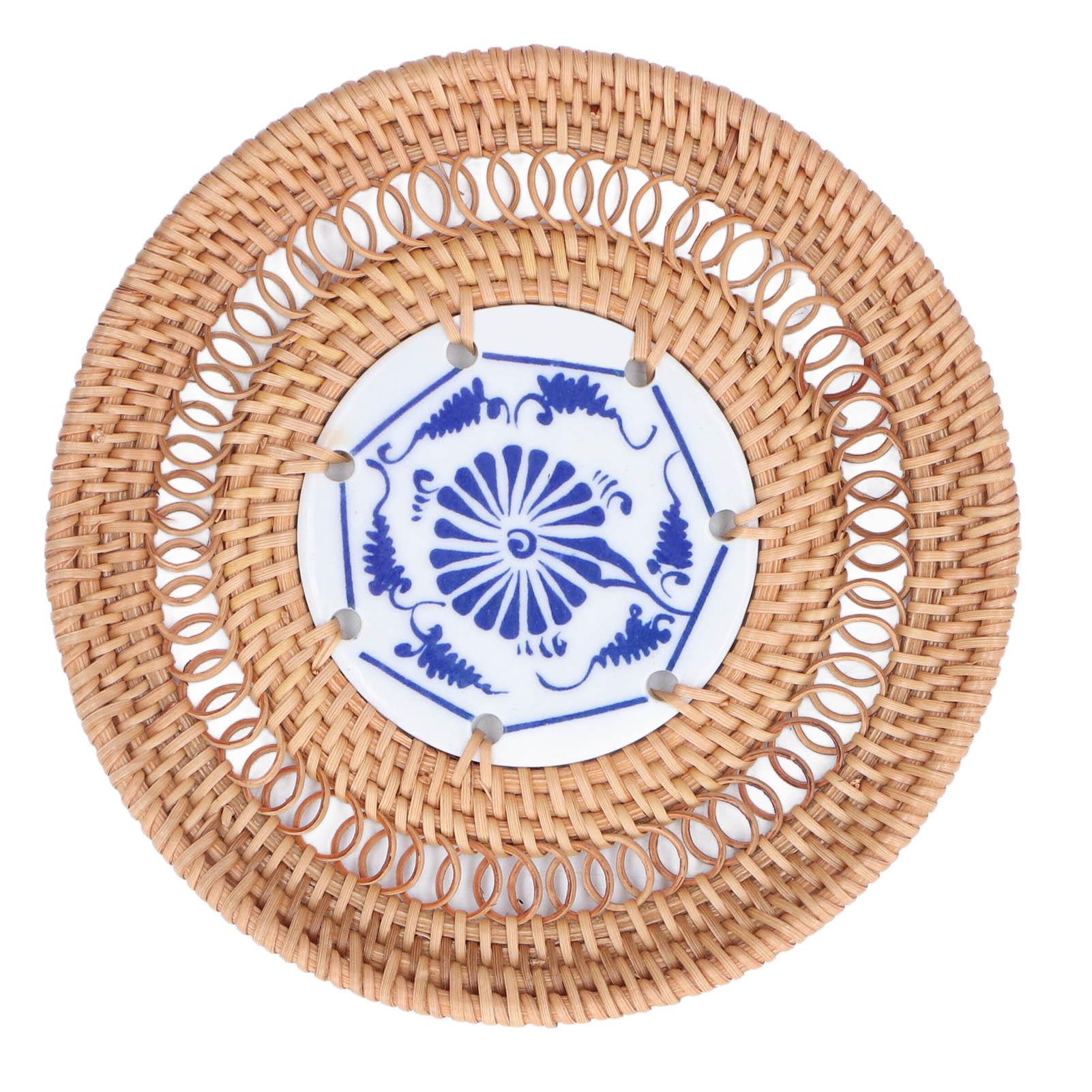 

Подставка под стакан из синего и белого фарфора, круглая, плетеная ротанговая, сине-белая, фарфоровая, подстаканник для чашек с базиликом 5.1in