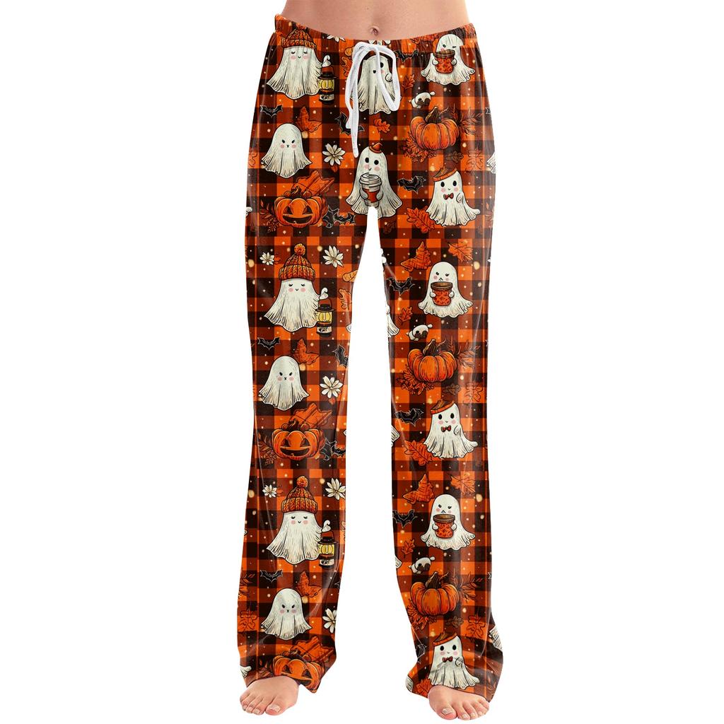 Damen Halloween Print Kordelzug Hose Lässige Lounge Hose Elastische Taille Entspannte Passform Volle Länge Weicher Stoff