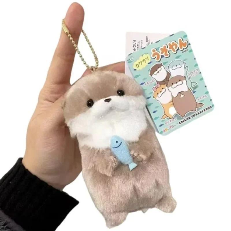 Cute Otters Holding Fish Plush Doll Keyring for School Bag Wallet Keys Lightweight Hanging Props