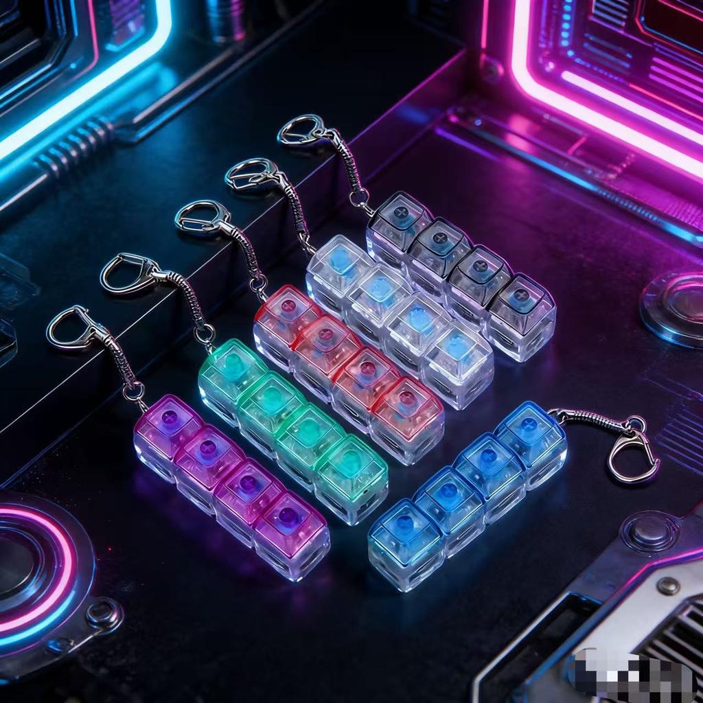 Apri con la zip la tastiera meccanica con luce, premi il portachiavi e la luce personalizzata completamente trasparente apre la portachiavi dello zainetto giocattolo.